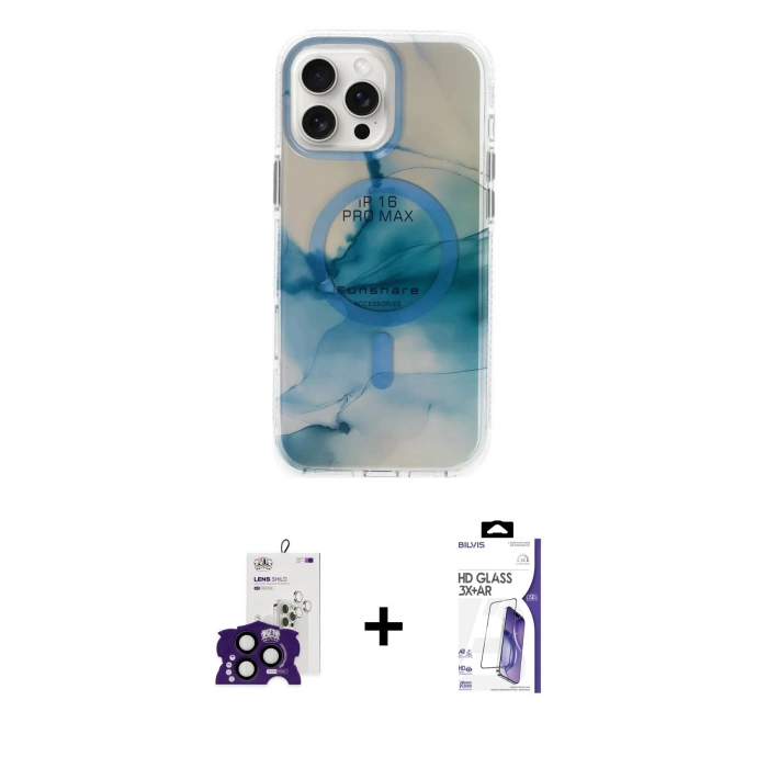 MARSİLYAN™- iPhone 16 Pro Max Kılıf Ufuk Doku Prime - Siyah Bilvis 3X AR HD Cam Ekran Koruyucu + Bilvis Titan Kamera Lens - SH