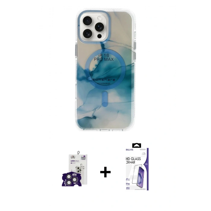 MARSİLYAN™- iPhone 16 Pro Max Kılıf Ufuk Doku Prime - Siyah Bilvis 3X AR HD Cam Ekran Koruyucu + Bilvis Titan Kamera Lens - TMGI