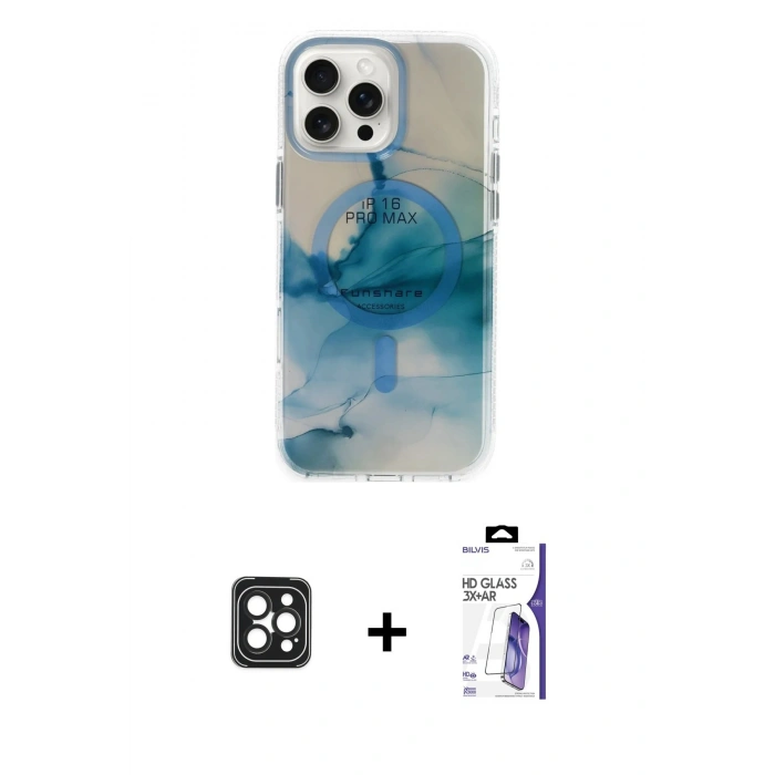 MARSİLYAN™- iPhone 16 Pro Max Kılıf Ufuk Doku Prime - Siyah Bilvis 3X AR HD Cam Ekran Koruyucu + PVD Metal Kamera Lens - SH