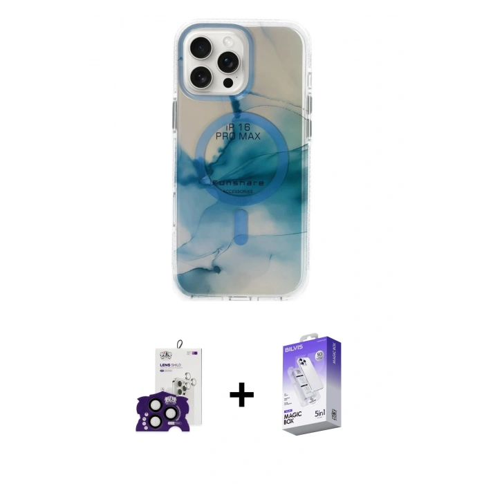 MARSİLYAN™- iPhone 16 Pro Max Kılıf Ufuk Doku Prime - Siyah Bilvis 5in1 3D Magic Cam Ekran Koruyucu + Bilvis Titan Kamera Lens - SH