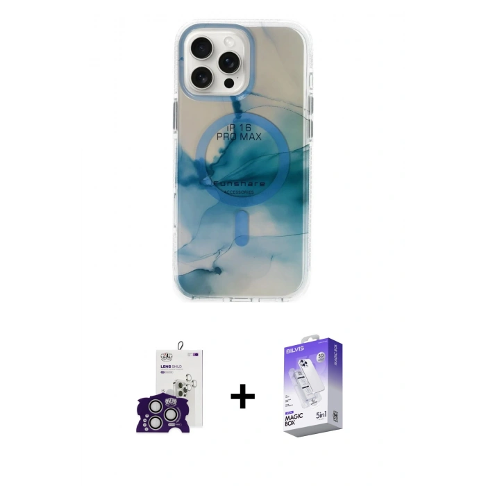 MARSİLYAN™- iPhone 16 Pro Max Kılıf Ufuk Doku Prime - Siyah Bilvis 5in1 3D Magic Cam Ekran Koruyucu + Bilvis Titan Kamera Lens - GS