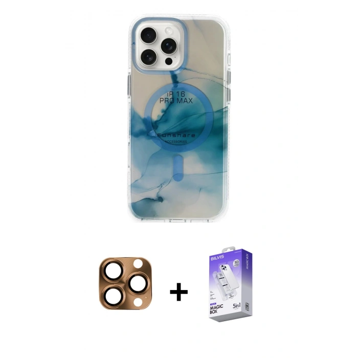 MARSİLYAN™- iPhone 16 Pro Max Kılıf Ufuk Doku Prime - Siyah Bilvis 5in1 3D Magic Cam Ekran Koruyucu + Çöl Titanyum Pers Alüminyum Kamera Lens