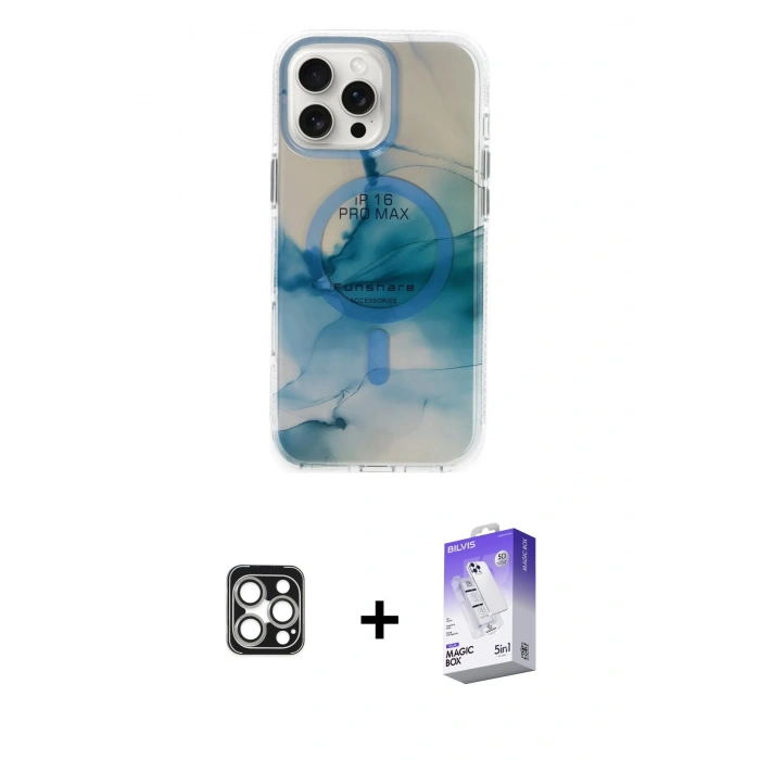 MARSİLYAN™- iPhone 16 Pro Max Kılıf Ufuk Doku Prime - Siyah Bilvis 5in1 3D Magic Cam Ekran Koruyucu + PVD Metal Kamera Lens - GS
