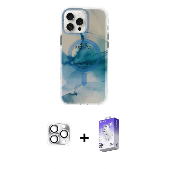 MARSİLYAN™- iPhone 16 Pro Max Kılıf Ufuk Doku Prime - Siyah Bilvis 5in1 3D Magic Cam Ekran Koruyucu + Gümüş Pers Alüminyum Kamera Lens