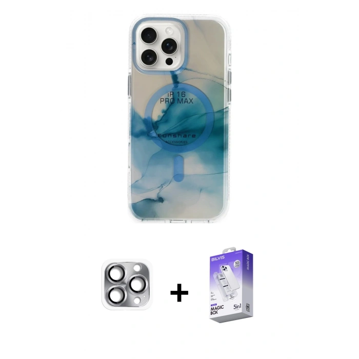 MARSİLYAN™- iPhone 16 Pro Max Kılıf Ufuk Doku Prime - Siyah Bilvis 5in1 3D Magic Cam Ekran Koruyucu + Pers Alüminyum Kamera Lens - GI