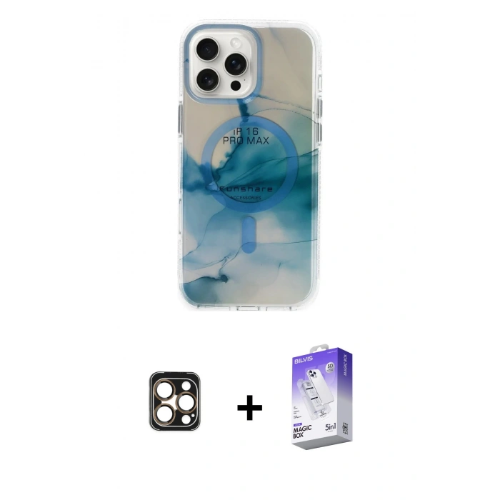 MARSİLYAN™- iPhone 16 Pro Max Kılıf Ufuk Doku Prime - Siyah Bilvis 5in1 3D Magic Cam Ekran Koruyucu + PVD Metal Kamera Lens - GD