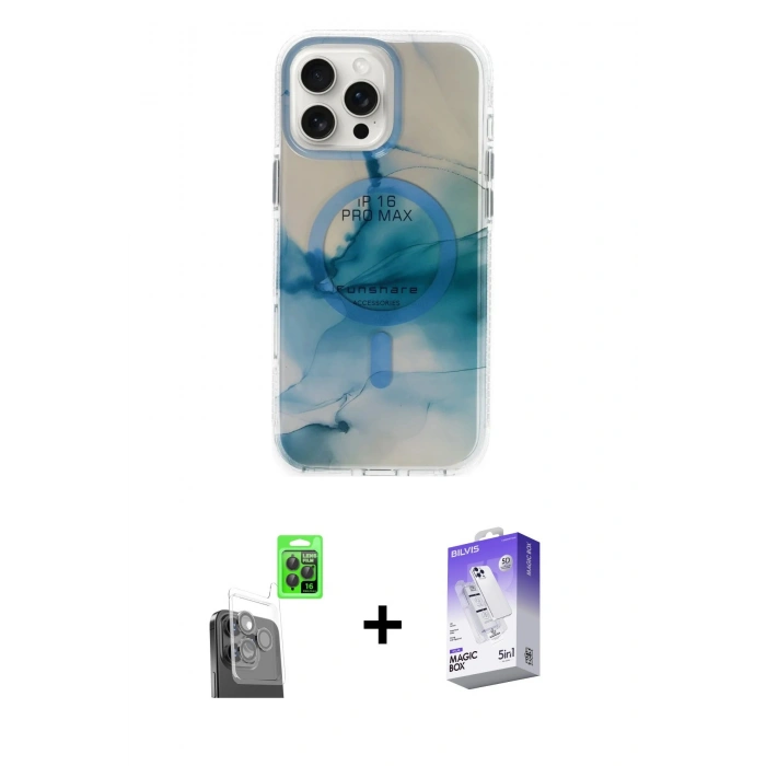 MARSİLYAN™- iPhone 16 Pro Max Kılıf Ufuk Doku Prime - Siyah Bilvis 5in1 3D Magic Cam Ekran Koruyucu + Raze Metal Kamera Lens - SH