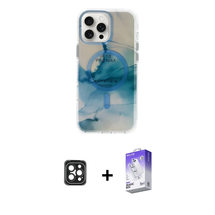 MARSİLYAN™- iPhone 16 Pro Max Kılıf Ufuk Doku Prime - Siyah Bilvis 5in1 3D Magic Cam Ekran Koruyucu + PVD Metal Kamera Lens - SH