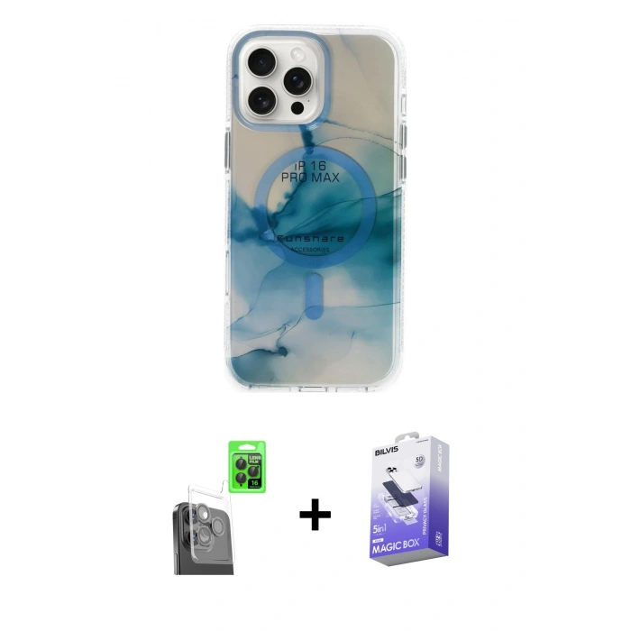MARSİLYAN™- iPhone 16 Pro Max Kılıf Ufuk Doku Prime - Siyah Bilvis 5in1 5D Magic Hayalet Cam Ekran Koruyucu + Raze Metal Kamera Lens - SH