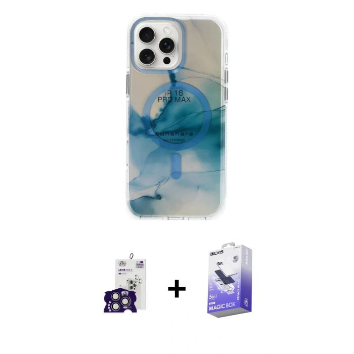 MARSİLYAN™- iPhone 16 Pro Max Kılıf Ufuk Doku Prime - Siyah Bilvis 5in1 5D Magic Hayalet Cam Ekran Koruyucu + Bilvis Titan Kamera Lens - TMGI