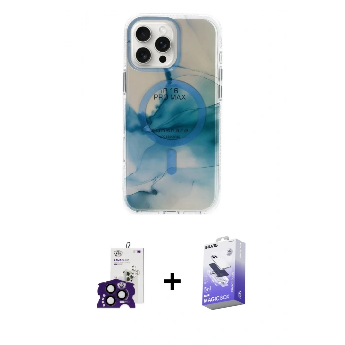 MARSİLYAN™- iPhone 16 Pro Max Kılıf Ufuk Doku Prime - Siyah Bilvis 5in1 5D Magic Hayalet Cam Ekran Koruyucu + Bilvis Titan Kamera Lens - SH