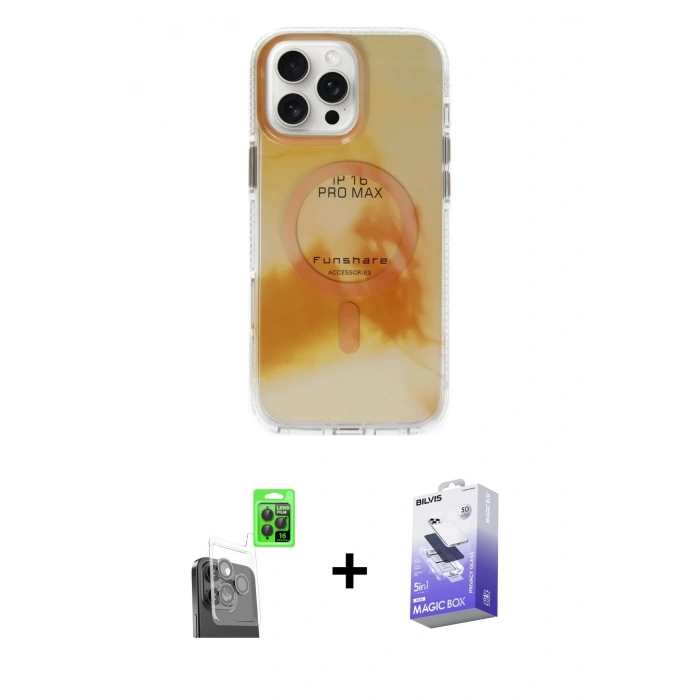 MARSİLYAN™- iPhone 16 Pro Max Kılıf Ufuk Doku Prime - Siyah Bilvis 5in1 5D Magic Hayalet Cam Ekran Koruyucu + Raze Metal Kamera Lens - SH