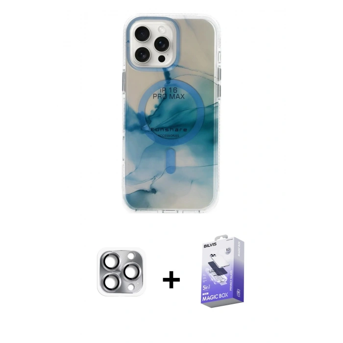 MARSİLYAN™- iPhone 16 Pro Max Kılıf Ufuk Doku Prime - Siyah Bilvis 5in1 5D Magic Hayalet Cam Ekran Koruyucu + Pers Alüminyum Kamera Lens - GI