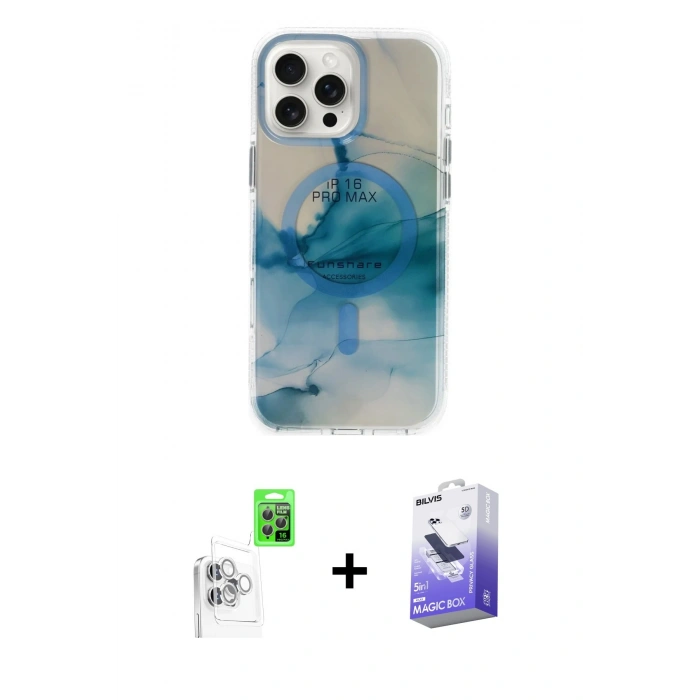 MARSİLYAN™- iPhone 16 Pro Max Kılıf Ufuk Doku Prime - Siyah Bilvis 5in1 5D Magic Hayalet Cam Ekran Koruyucu + Raze Metal Kamera Lens - BZ