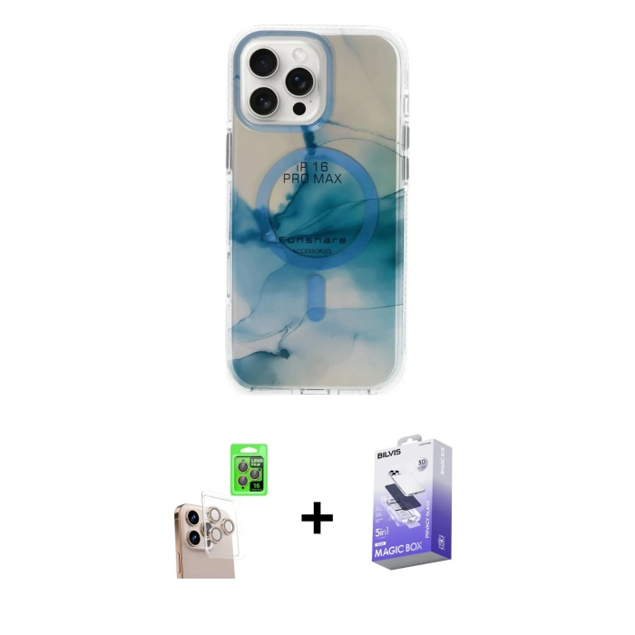 MARSİLYAN™- iPhone 16 Pro Max Kılıf Ufuk Doku Prime - Siyah Bilvis 5in1 5D Magic Hayalet Cam Ekran Koruyucu + Raze Metal Kamera Lens - NLGY