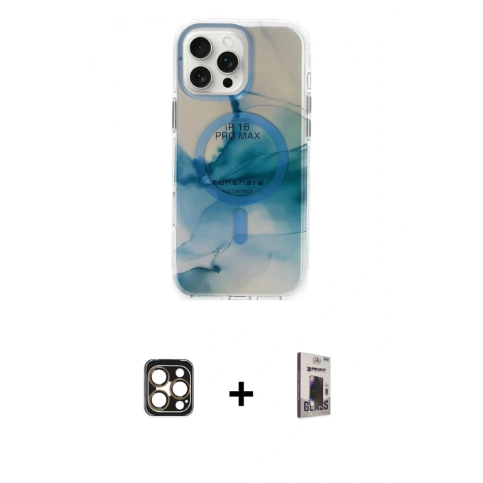 MARSİLYAN™- iPhone 16 Pro Max Kılıf Ufuk Doku Prime - Siyah Bilvis Hayalet Cam Ekran Koruyucu + PVD Metal Kamera Lens - GD