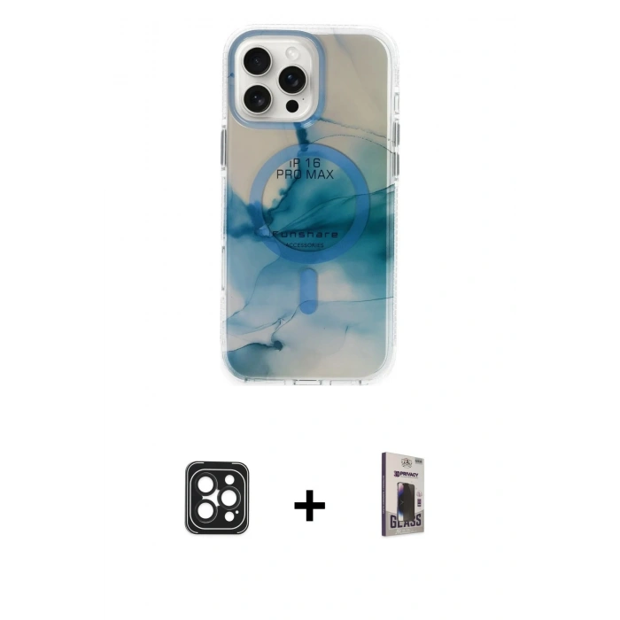 MARSİLYAN™- iPhone 16 Pro Max Kılıf Ufuk Doku Prime - Siyah Bilvis Hayalet Cam Ekran Koruyucu + PVD Metal Kamera Lens - SH