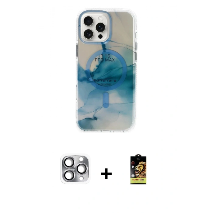 MARSİLYAN™- iPhone 16 Pro Max Kılıf Ufuk Doku Prime - Siyah Buffer Cam Ekran Koruyucu + Pers Alüminyum Kamera Lens - GI