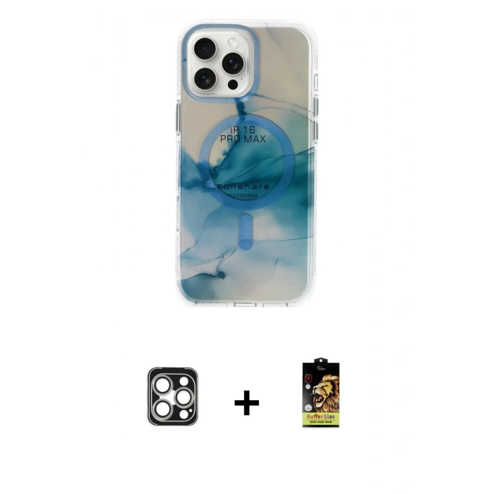 MARSİLYAN™- iPhone 16 Pro Max Kılıf Ufuk Doku Prime - Siyah Buffer Cam Ekran Koruyucu + PVD Metal Kamera Lens - GS