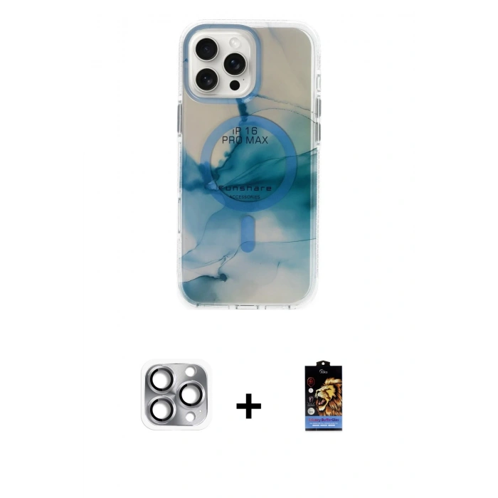 MARSİLYAN™- iPhone 16 Pro Max Kılıf Ufuk Doku Prime - Siyah Buffer Hayalet Cam Ekran Koruyucu + Pers Alüminyum Kamera Lens - GI