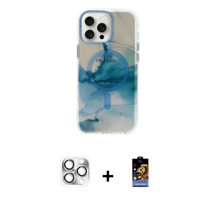 MARSİLYAN™- iPhone 16 Pro Max Kılıf Ufuk Doku Prime - Siyah Buffer Hayalet Cam Ekran Koruyucu + Pers Alüminyum Kamera Lens - GS