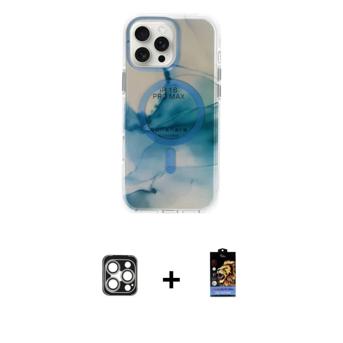 MARSİLYAN™- iPhone 16 Pro Max Kılıf Ufuk Doku Prime - Siyah Buffer Hayalet Cam Ekran Koruyucu + Gümüş PVD Metal Kamera Lens