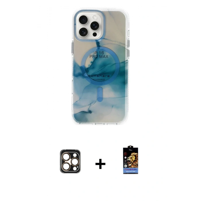 MARSİLYAN™- iPhone 16 Pro Max Kılıf Ufuk Doku Prime - Siyah Buffer Hayalet Cam Ekran Koruyucu + PVD Metal Kamera Lens - GD