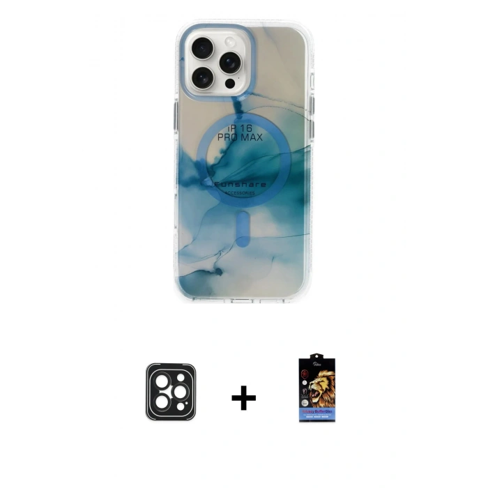 MARSİLYAN™- iPhone 16 Pro Max Kılıf Ufuk Doku Prime - Siyah Buffer Hayalet Cam Ekran Koruyucu + PVD Metal Kamera Lens - SH