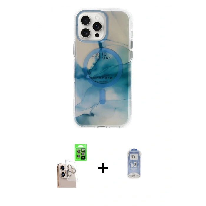 MARSİLYAN™- iPhone 16 Pro Max Kılıf Ufuk Doku Prime - Siyah Joko Magic 5D Cam + Raze Metal Kamera Lens - NLGY
