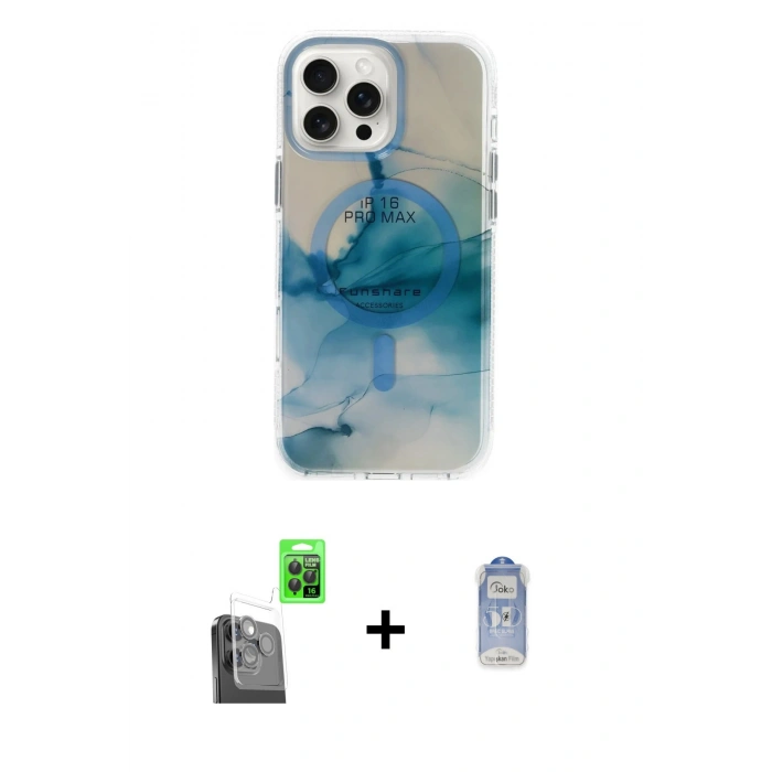 MARSİLYAN™- iPhone 16 Pro Max Kılıf Ufuk Doku Prime - Siyah Joko Magic 5D Cam + Raze Metal Kamera Lens - SH