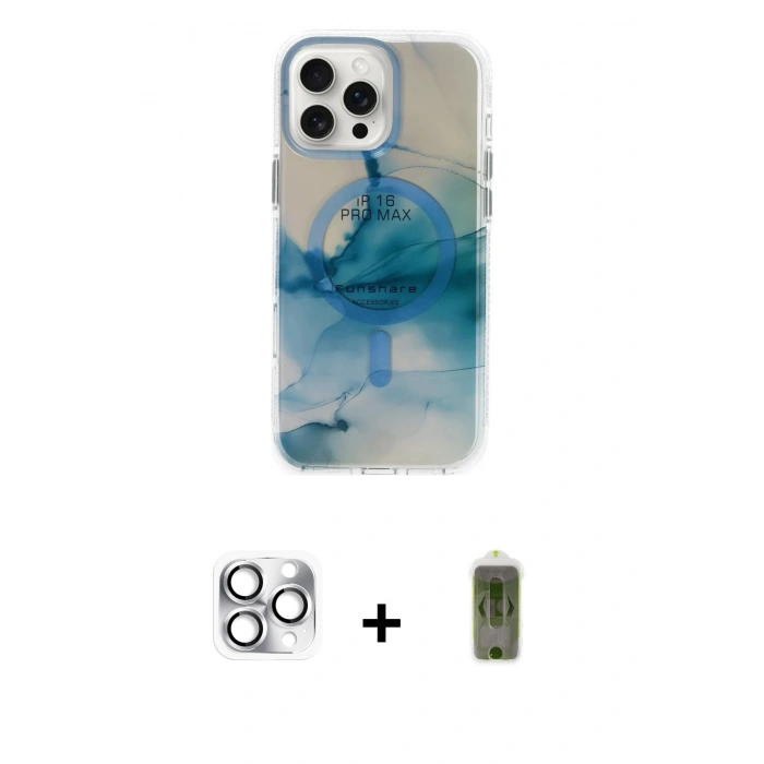 MARSİLYAN™- iPhone 16 Pro Max Kılıf Ufuk Doku Prime - Siyah Joko Magic 5D Hayalet Cam + Pers Alüminyum Kamera Lens - GS