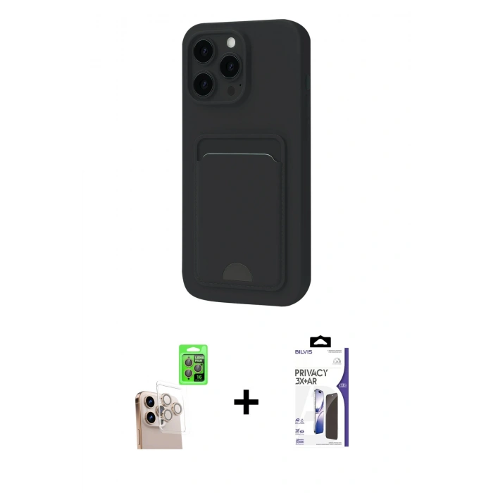 MARSİLYAN™- iPhone 16 Pro Max Kılıf Vadi Çizgi Prime - Siyah Bilvis 3X AR Hayalet Cam Ekran Koruyucu + Raze Metal Kamera Lens - NLGY