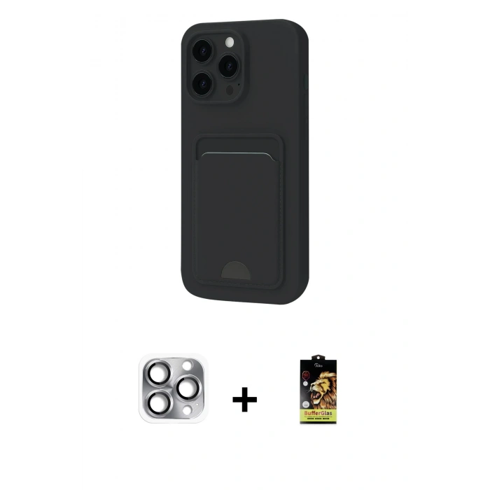 MARSİLYAN™- iPhone 16 Pro Max Kılıf Vadi Çizgi Prime - Siyah Buffer Cam Ekran Koruyucu + Gri Pers Alüminyum Kamera Lens