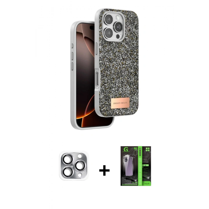 MARSİLYAN™- iPhone 16 Pro Max Kılıf Vadi Klasik Serisi - Şeffaf 360 Full Body Arka Koruyucu + Gri Pers Alüminyum Kamera Lens
