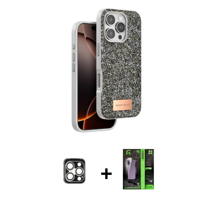 MARSİLYAN™- iPhone 16 Pro Max Kılıf Vadi Klasik Serisi - Şeffaf 360 Full Body Arka Koruyucu + PVD Metal Kamera Lens - GS