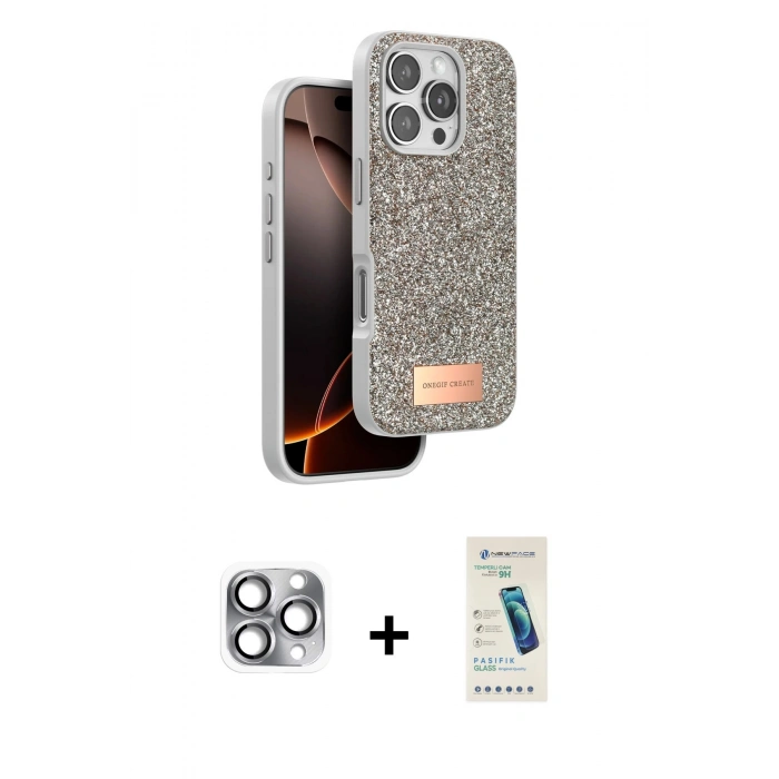MARSİLYAN™- iPhone 16 Pro Max Kılıf Vadi Klasik Serisi - Şeffaf Pasifik Cam Ekran Koruyucu + Gri Pers Alüminyum Kamera Lens