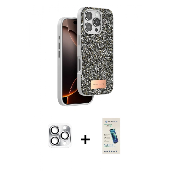 MARSİLYAN™- iPhone 16 Pro Max Kılıf Vadi Klasik Serisi - Şeffaf Pasifik Cam Ekran Koruyucu + Gümüş Pers Alüminyum Kamera Lens