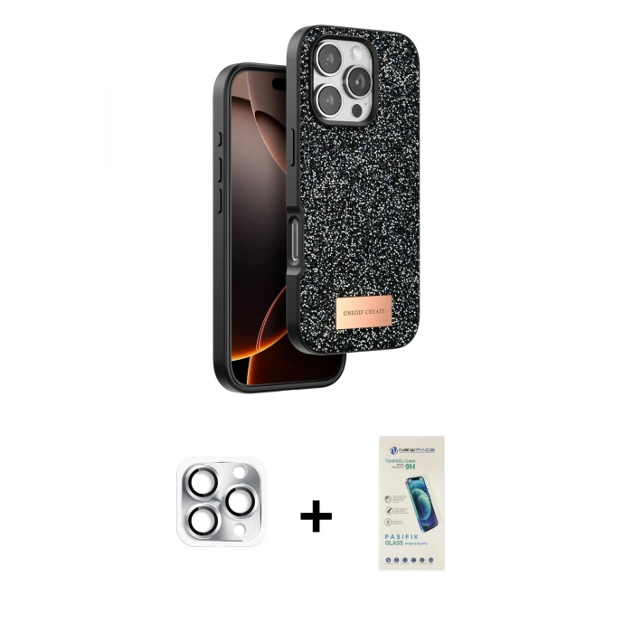 MARSİLYAN™- iPhone 16 Pro Max Kılıf Vadi Klasik Serisi - Şeffaf Pasifik Cam Ekran Koruyucu + Gümüş Pers Alüminyum Kamera Lens