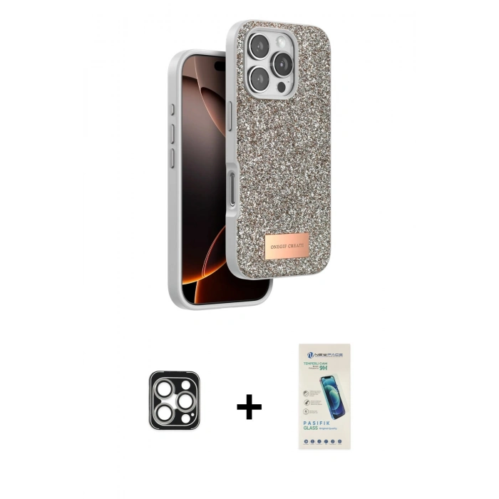 MARSİLYAN™- iPhone 16 Pro Max Kılıf Vadi Klasik Serisi - Şeffaf Pasifik Cam Ekran Koruyucu + PVD Metal Kamera Lens - GS