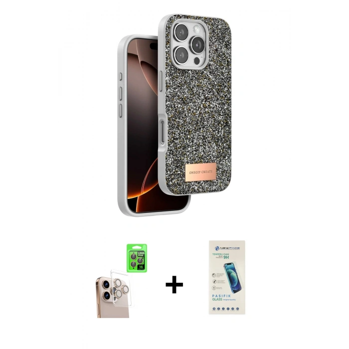 MARSİLYAN™- iPhone 16 Pro Max Kılıf Vadi Klasik Serisi - Şeffaf Pasifik Cam Ekran Koruyucu + Raze Metal Kamera Lens - NLGY