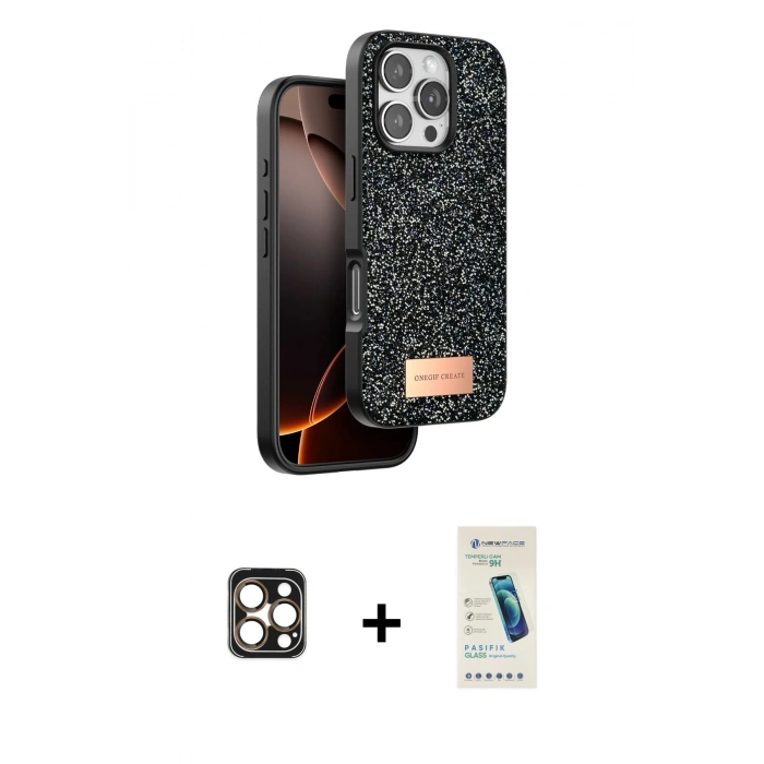 MARSİLYAN™- iPhone 16 Pro Max Kılıf Vadi Klasik Serisi - Şeffaf Pasifik Cam Ekran Koruyucu + PVD Metal Kamera Lens - GD