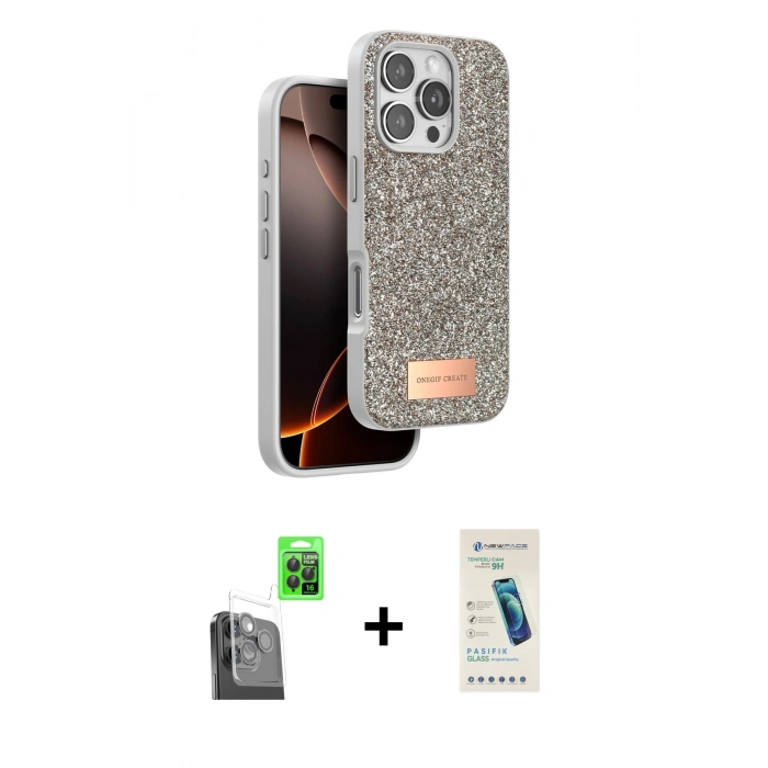 MARSİLYAN™- iPhone 16 Pro Max Kılıf Vadi Klasik Serisi - Şeffaf Pasifik Cam Ekran Koruyucu + Raze Metal Kamera Lens - SH