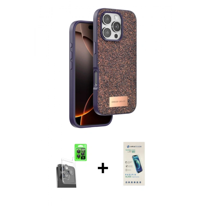 MARSİLYAN™- iPhone 16 Pro Max Kılıf Vadi Klasik Serisi - Şeffaf Pasifik Cam Ekran Koruyucu + Raze Metal Kamera Lens - SH