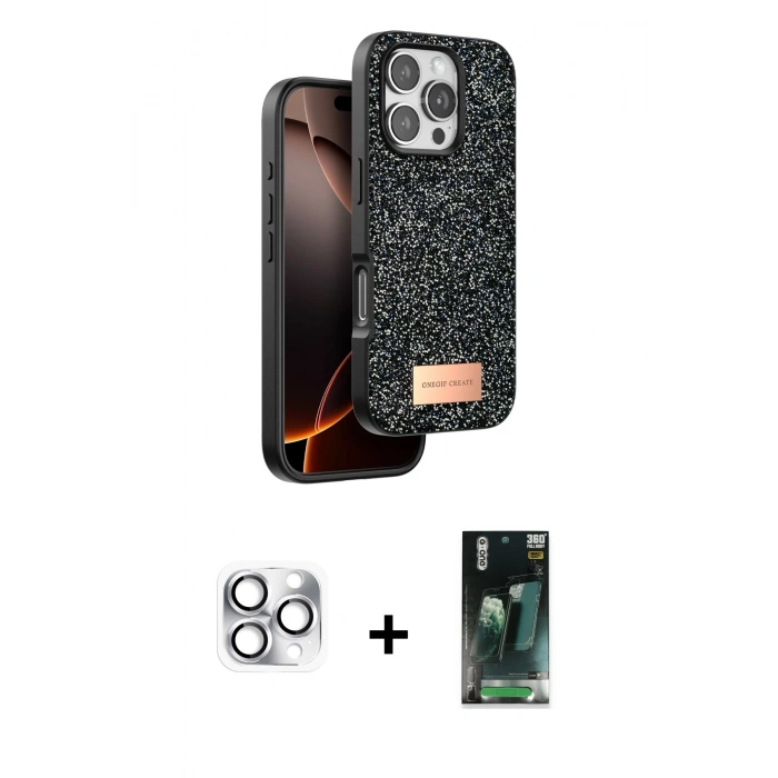 MARSİLYAN™- iPhone 16 Pro Max Kılıf Vadi Klasik Serisi - Siyah 360 Mat Full Body Arka Koruyucu + Pers Alüminyum Kamera Lens - GS