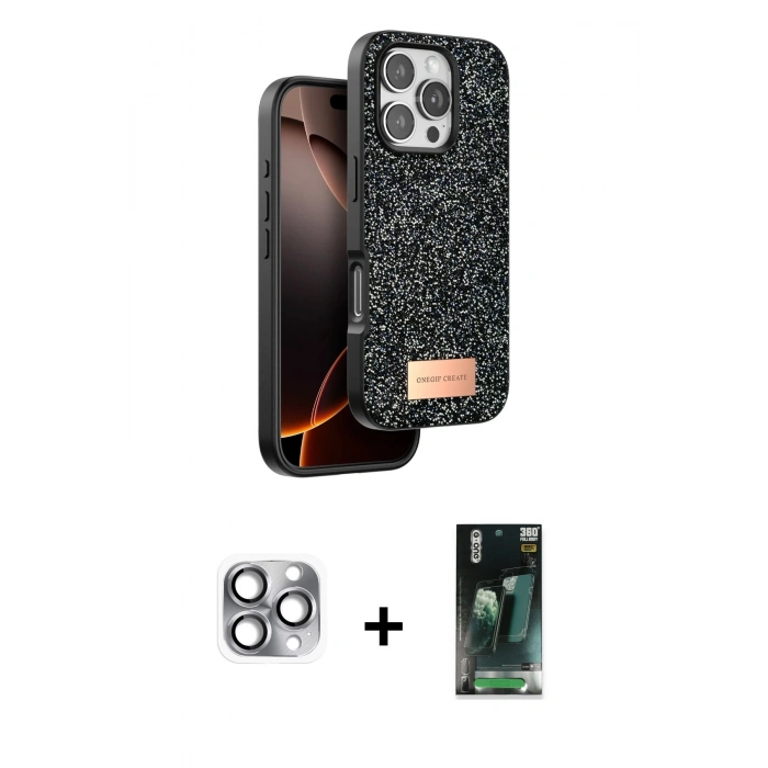 MARSİLYAN™- iPhone 16 Pro Max Kılıf Vadi Klasik Serisi - Siyah 360 Mat Full Body Arka Koruyucu + Pers Alüminyum Kamera Lens - GI