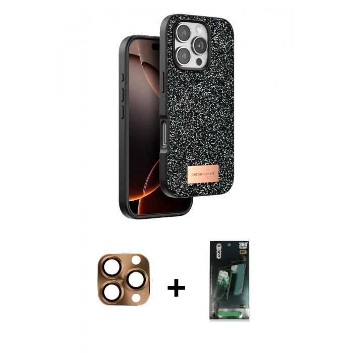 MARSİLYAN™- iPhone 16 Pro Max Kılıf Vadi Klasik Serisi - Siyah 360 Mat Full Body Arka Koruyucu + Pers Alüminyum Kamera Lens - CLTM