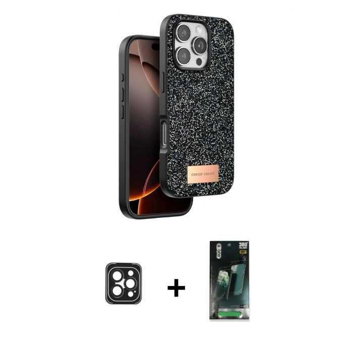 MARSİLYAN™- iPhone 16 Pro Max Kılıf Vadi Klasik Serisi - Siyah 360 Mat Full Body Arka Koruyucu + PVD Metal Kamera Lens - SH