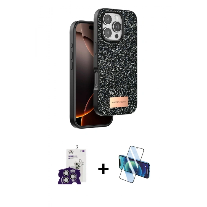 MARSİLYAN™- iPhone 16 Pro Max Kılıf Vadi Klasik Serisi - Siyah 3D Antistatik Cam Ekran Koruyucu + Bilvis Titan Kamera Lens - GS
