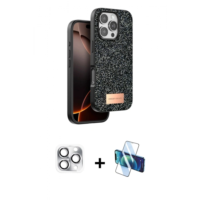 MARSİLYAN™- iPhone 16 Pro Max Kılıf Vadi Klasik Serisi - Siyah 3D Antistatik Cam Ekran Koruyucu + Pers Alüminyum Kamera Lens - GS