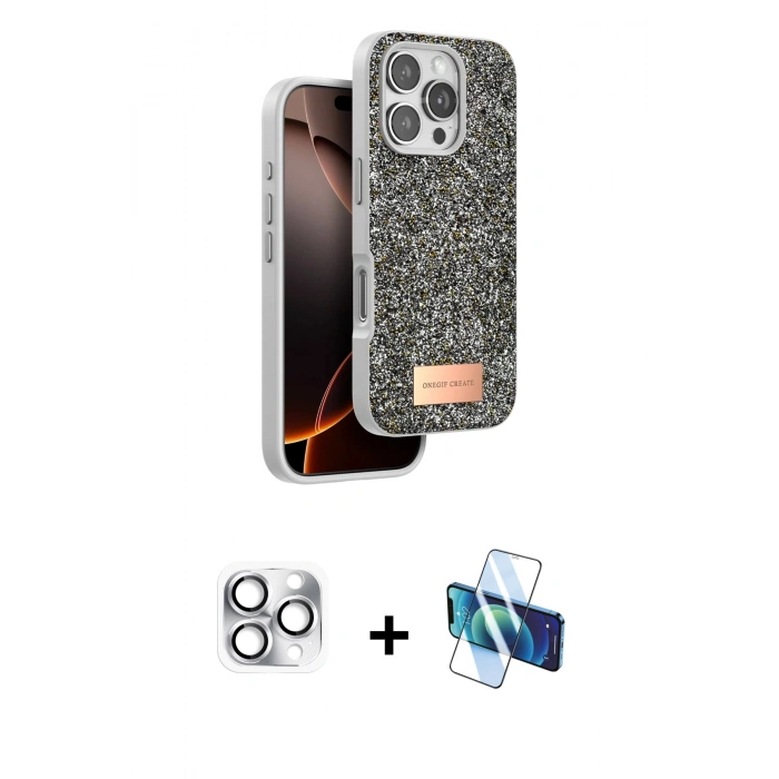 MARSİLYAN™- iPhone 16 Pro Max Kılıf Vadi Klasik Serisi - Siyah 3D Antistatik Cam Ekran Koruyucu + Pers Alüminyum Kamera Lens - GS